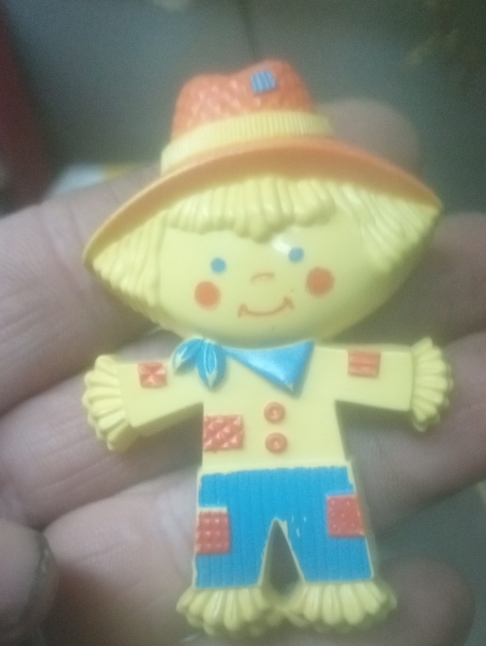 Avon Yellow Scarecrow Pin with Orange Hat and Blue Pants